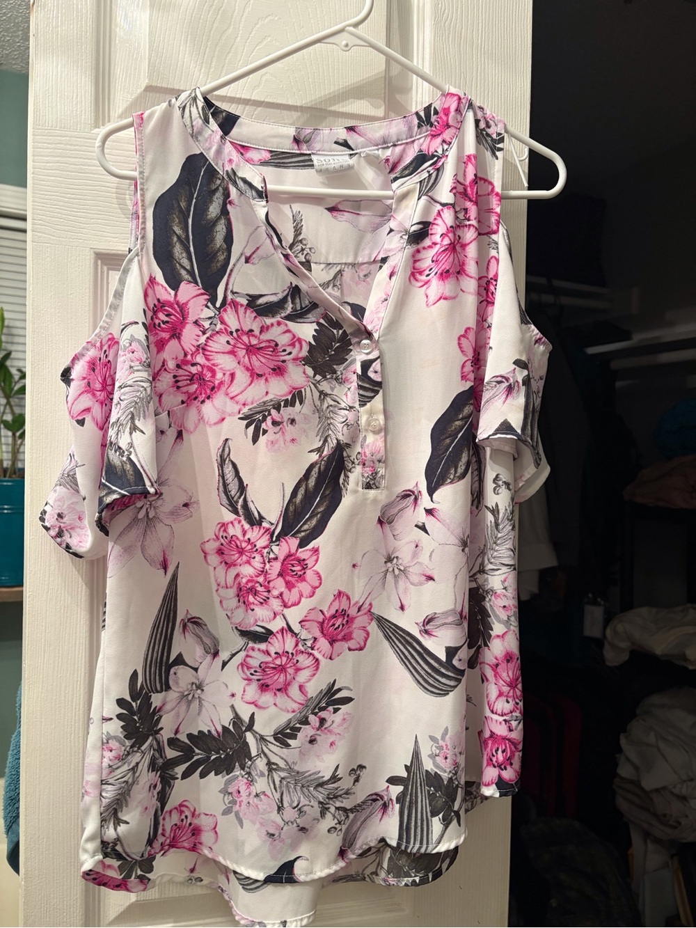 Soho White Cold-Shoulder Blouse with Pink Floral Print